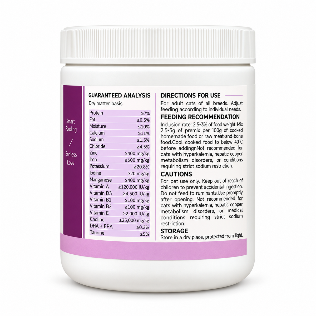 Tuanty Cat Premix analysis and directions label