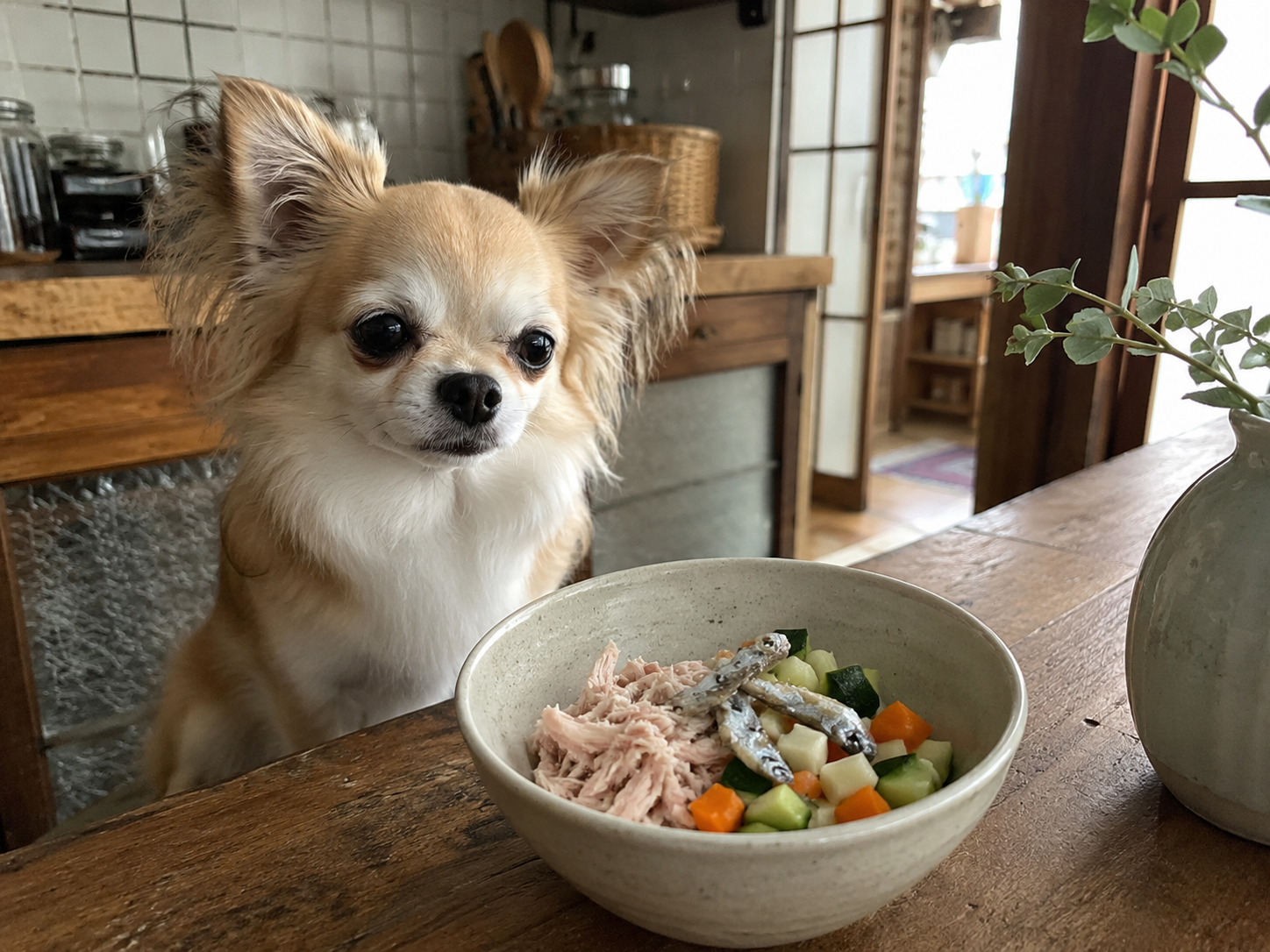 A small dog sitting in a warm kitchen beside a fresh bowl of turkey, sardines, zucchini, carrot, and egg yolk topper. The scene feels clean, natural, and home-cooked, with a focus on shiny coat health and fresh feeding.