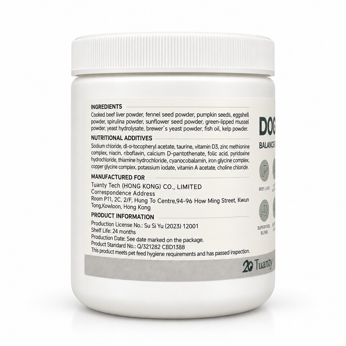 Tuanty Dog Premix ingredients label